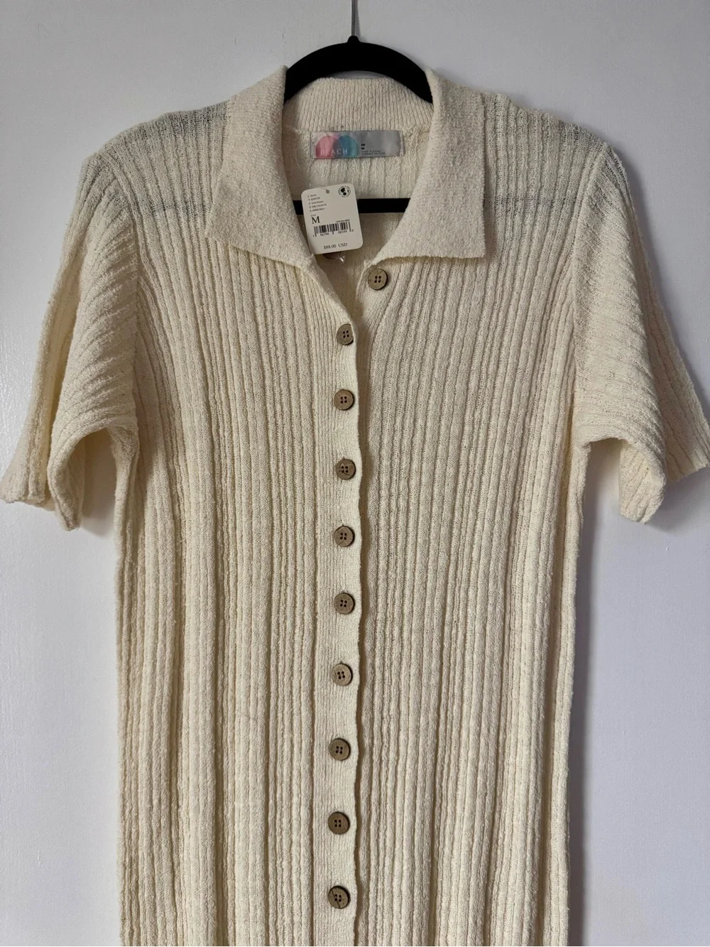 Free People Cream Ribbed Button-Front Midi Dress